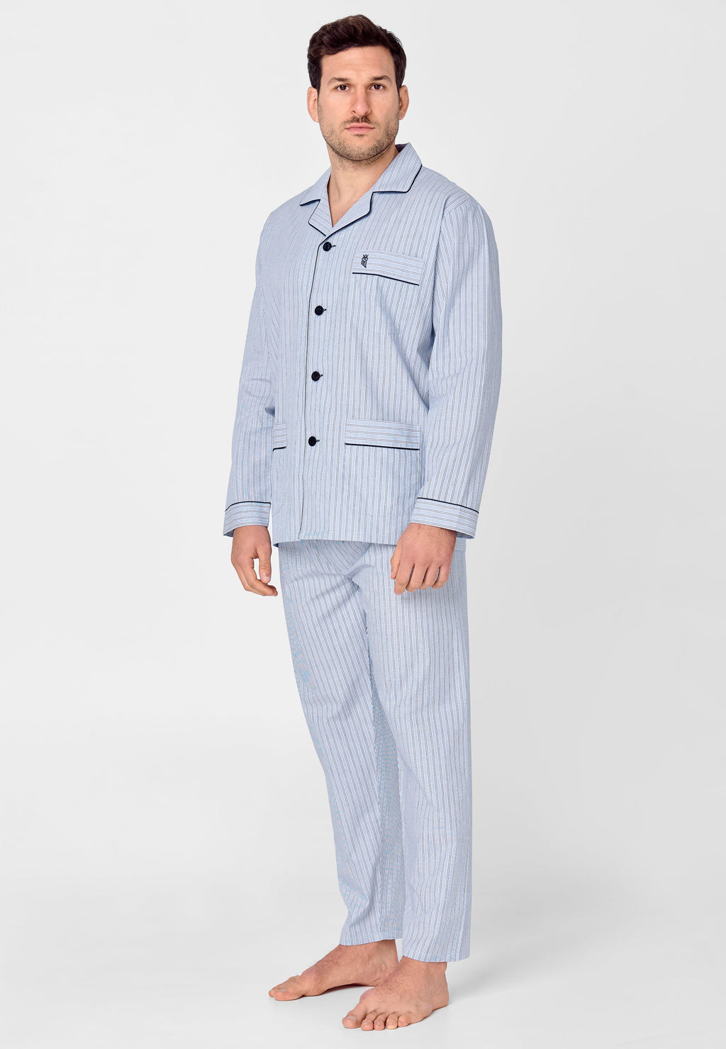 Pijama Hombre Largo Solapa Algodón Popelín Rayas - Azul 1531_39