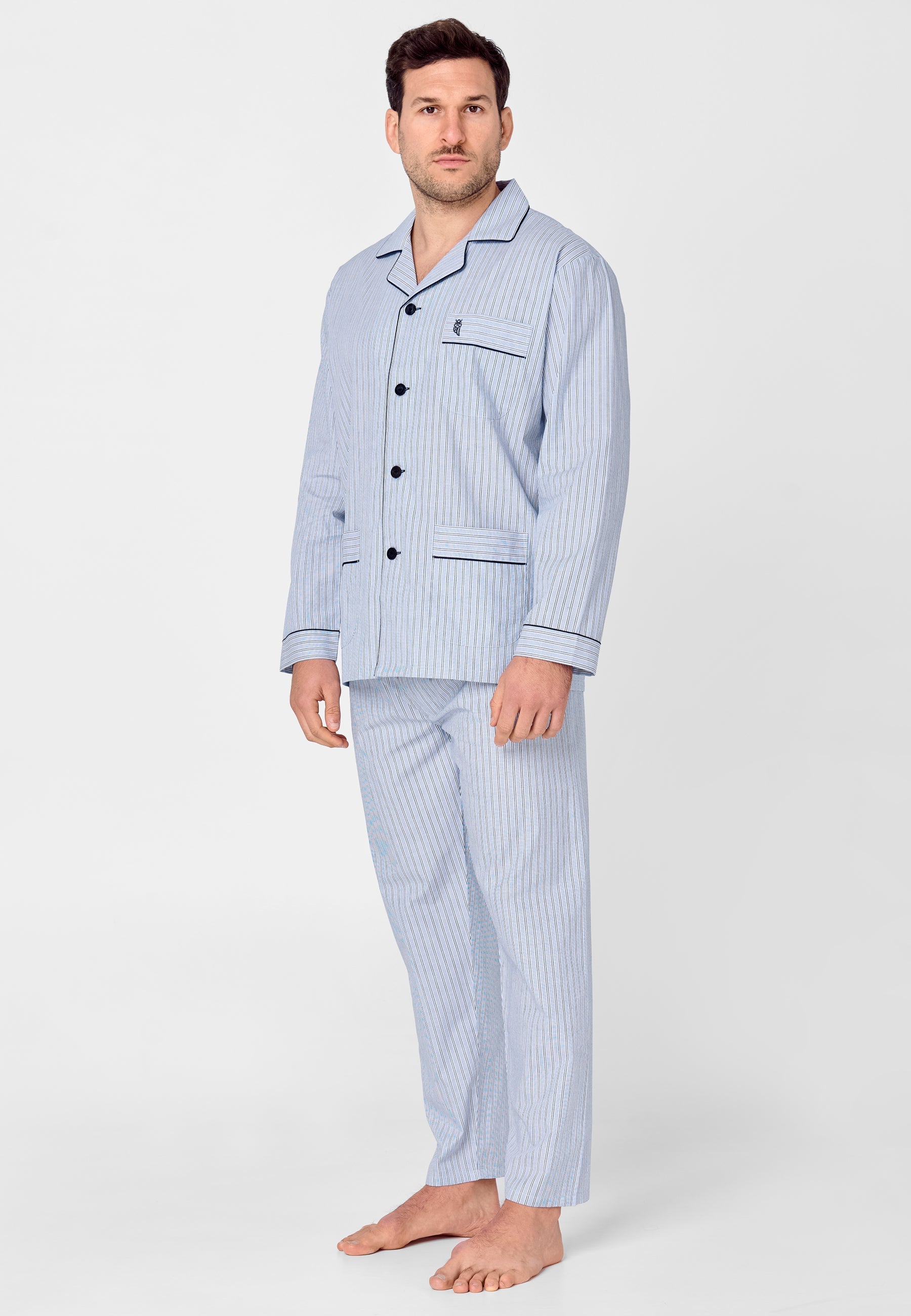 Pijama Hombre Largo Solapa Algodón Popelín Rayas - Azul 1531_39