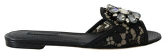 Women's Black Taormina Lace Slides Crystals Flats Shoes