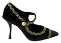 Women's Black Embellished Velvet Mary Jane Pumps Shoes