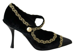 Women's Black Embellished Velvet Mary Jane Pumps Shoes