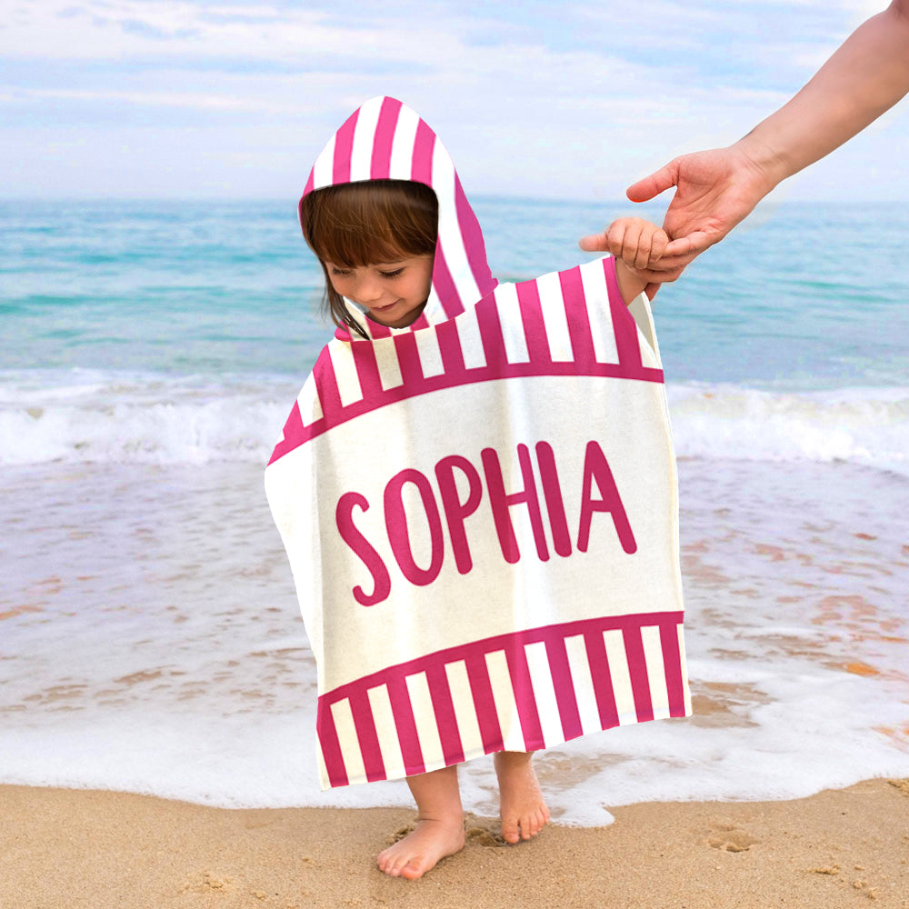 Toalla de playa con capucha para niños, personalizada, de rayas multicolores, de secado rápido, con nombre Fiesta en la playa Viaje Vacaciones Cumpleaños Regalo para niños