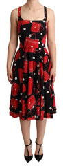 Women's Black Red Bag Print A-Line Mid Length Dress Silk Elastane