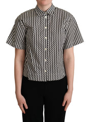 Women's Black White Zigzag Collar Cotton Top Shirt