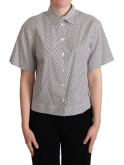 Women's Black Polka Dot Collared Shirt White Cotton