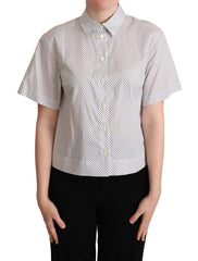 Women's White Gray Polka Dots Collared Button Shirt Cotton