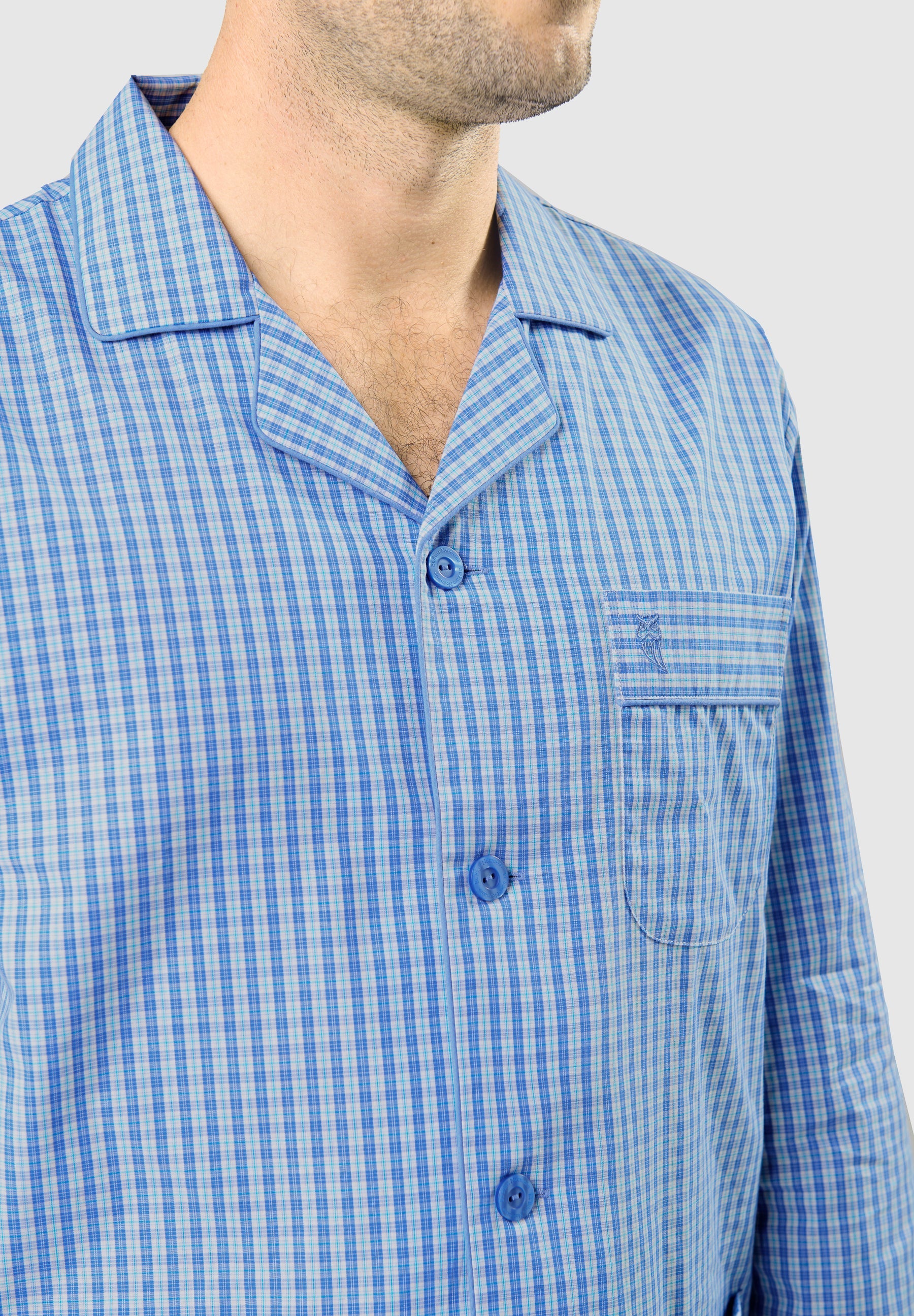 Pijama Hombre Largo Solapa Algodón Popelín Cuadros - Azul 1536_36