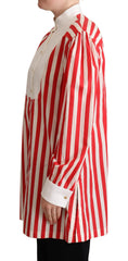 Women's Red White Striped Long Sleeves Formal Shirt Cotton