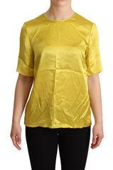 Women's Yellow Silk Short Sleeve Blouse T-Shirt