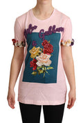 Women's Pink Cotton Floral Roses Crewneck T-Shirt