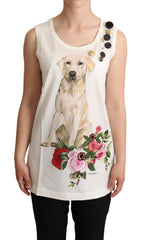 Women's White Dog Floral Print Embellished T-Shirt Cotton