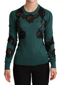 Women's Green Wool Crewneck Sweater Cotton Clothing