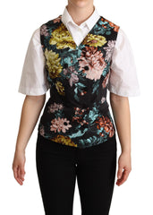 Women's Black Jacquard Floral Waistcoat Vest Polyester Silk Elastane Clothing