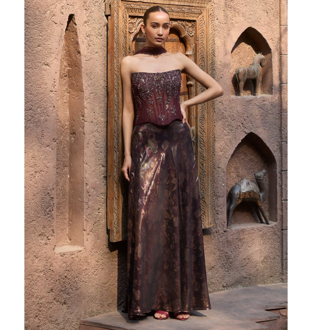 Mocha Mirage Corset & Drape Skirt Set with Dupatta By KYNAH, Luxury Indian Fashion & Bridal Wear