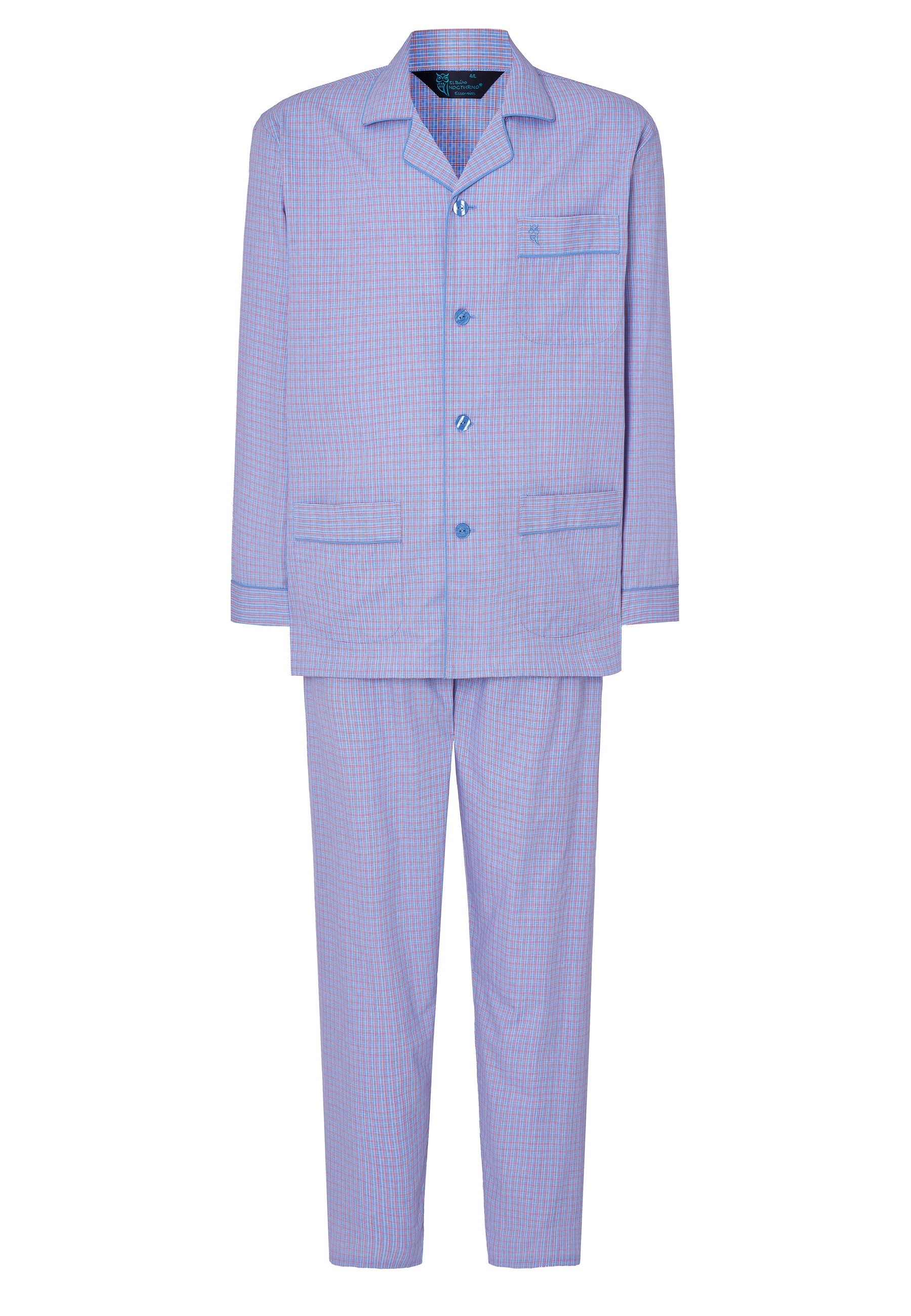 Pijama Hombre Largo Solapa Algodón Popelín Cuadros - Azul 1538_30