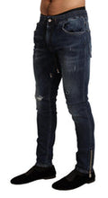Men's Blue Cotton Stretch Tattered Denim Jeans Polyester Elastane Clothing