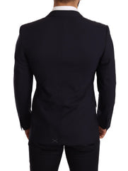 Men's Navy Blue Wool Slim Fit Martini Blazer Virgin Elastane Clothing