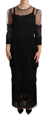 Women's Black Sheer Floral Lace Crystal Maxi Dress