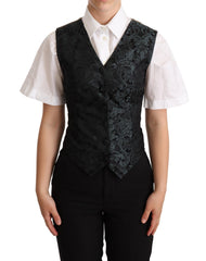 Women's Black Jacquard Floral Waistcoat Vest Green Polyester Nylon P2 Clothing