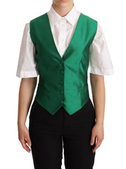 Women's Green Silk Satin Sleeveless Waistcoat Vest Elastane Clothing