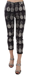 Women's Black Pineapple Print Skinny Capri Pants Cotton Elastane