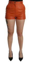 Women's Orange Leather High Waist Hot Pants Shorts