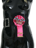 Women's Black Pink Flower Brooch Crystals Cotton Belt Acetate