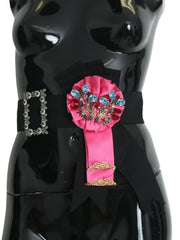 Women's Black Pink Flower Brooch Crystals Cotton Belt Acetate