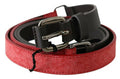 Women's Red Brown Leather Silver Logo Buckle Waist Belt