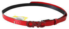 Women's Red Black Reversible Leather Logo Buckle Belt