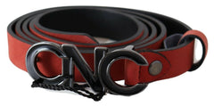 Women's Red Black Leather Logo Buckle Blood Belt