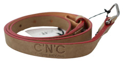 Women's Beige Leather Silver Logo Buckle Waist Belt