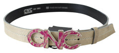 Women's Beige Leather Pink Letter Logo Buckle Belt