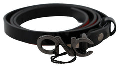 Women's Black Skinny Leather Logo Buckle Belt