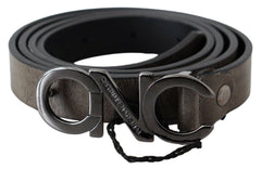 Women's Dark Brown Leather Letter Logo Buckle Belt