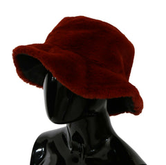 Women's Red Bordeaux Fur Wide Brim Bucket Hat Polyester