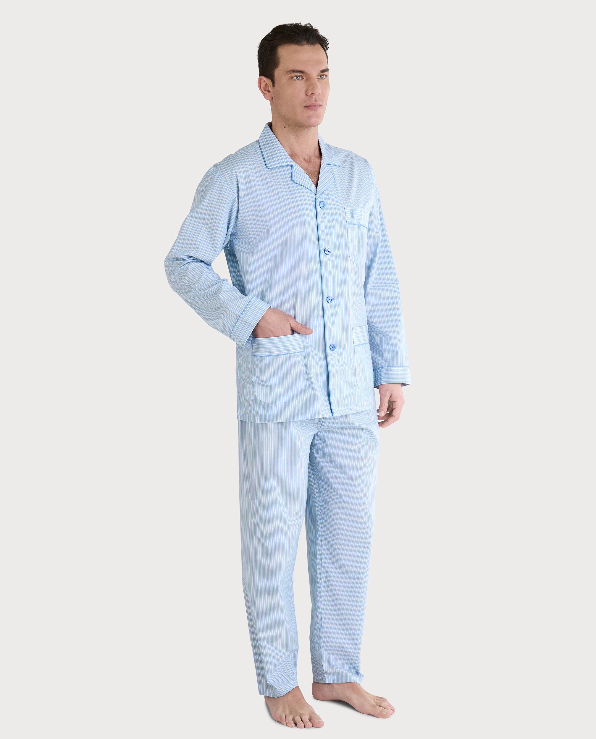 Pijama Hombre Largo Solapa Popelín Rayas - Verde 1552_40