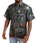 Men's Gray Linen Tropical Print Collared Shirt
