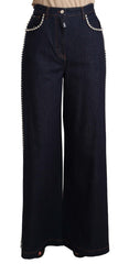 Women's Dark Blue Crystal Embellished Flare Jeans Cotton Clothing