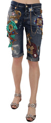Women's Blue Denim Mid Waist Crystal Capri Shorts Cotton