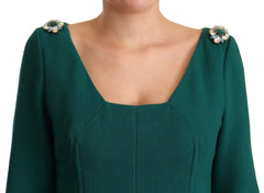 Women's Green Stretch Crepe Crystal Midi Dress Virgin Wool