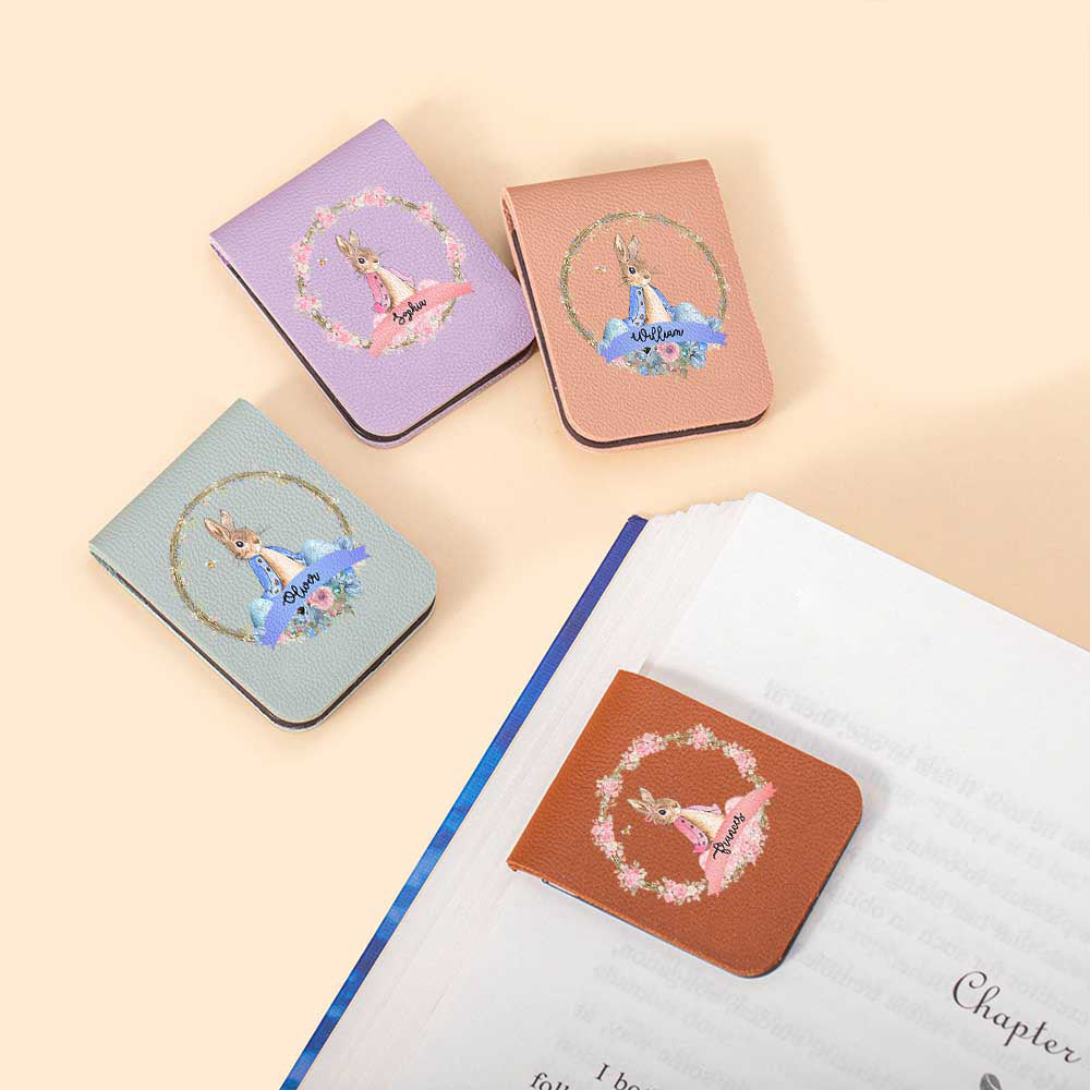 Personalizado lindo Peter Conejo Corona magnética de cuero Marcapáginas Clip con nombre Feliz Pascua Cumpleaños Regalo para los amantes de los libros Los ratones de biblioteca