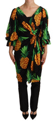 Women's Black Ananas Print Wrap Stretch Silk Dress