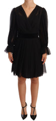Women's Black Mesh Pleated Mini Silk Stretch Dress