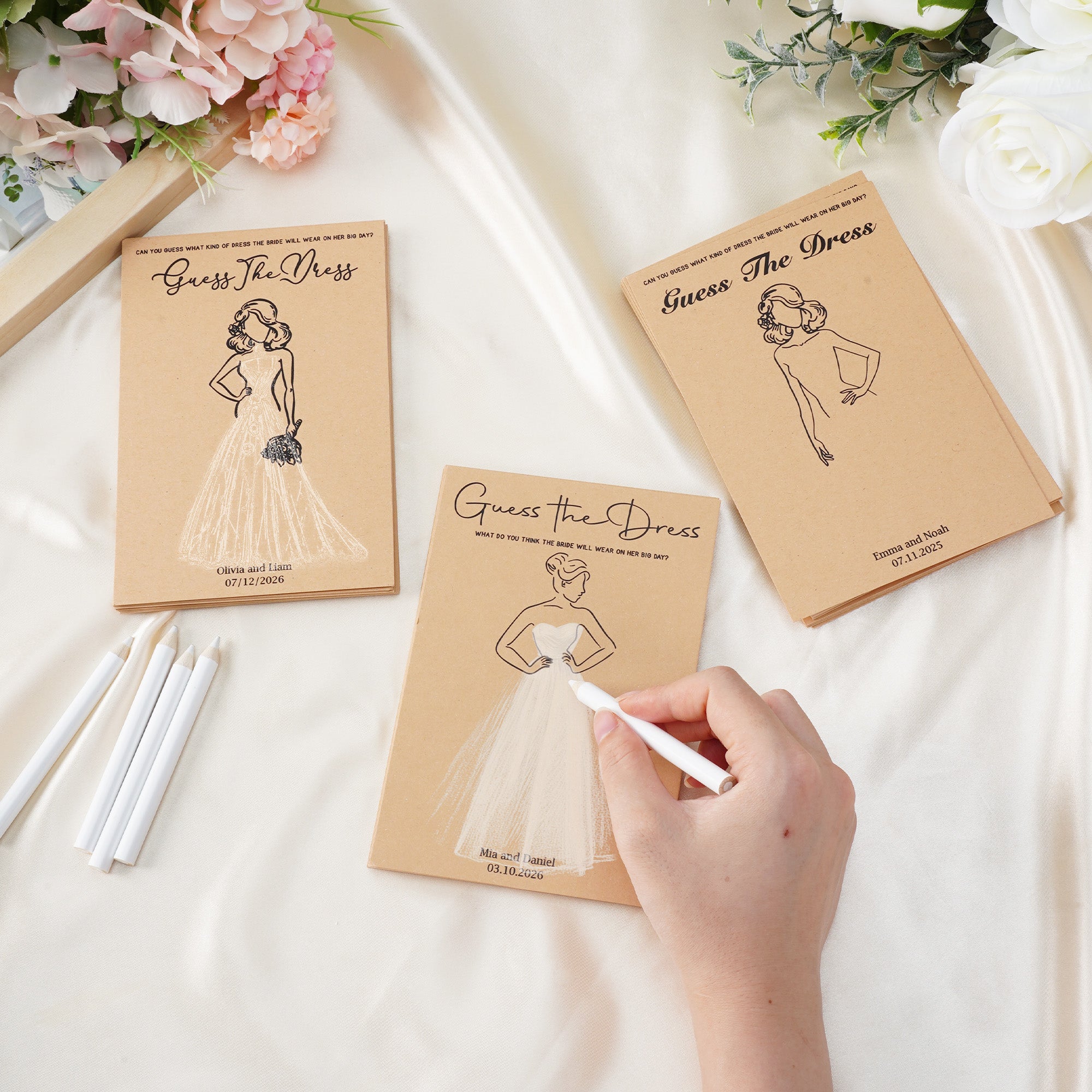 Adivina el Vestido de Novia Juego de Cartas para Invitadas de Boda con Lápiz Blanco Nombre Fecha Regalo de Novia para Fiesta de Boda en la Ducha Nupcial