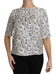 Women's White Musical Instruments Print Blouse Silk