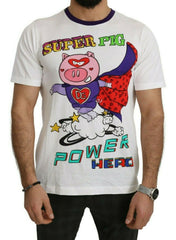 Men's White Cotton Top Super Power Pig T-Shirt