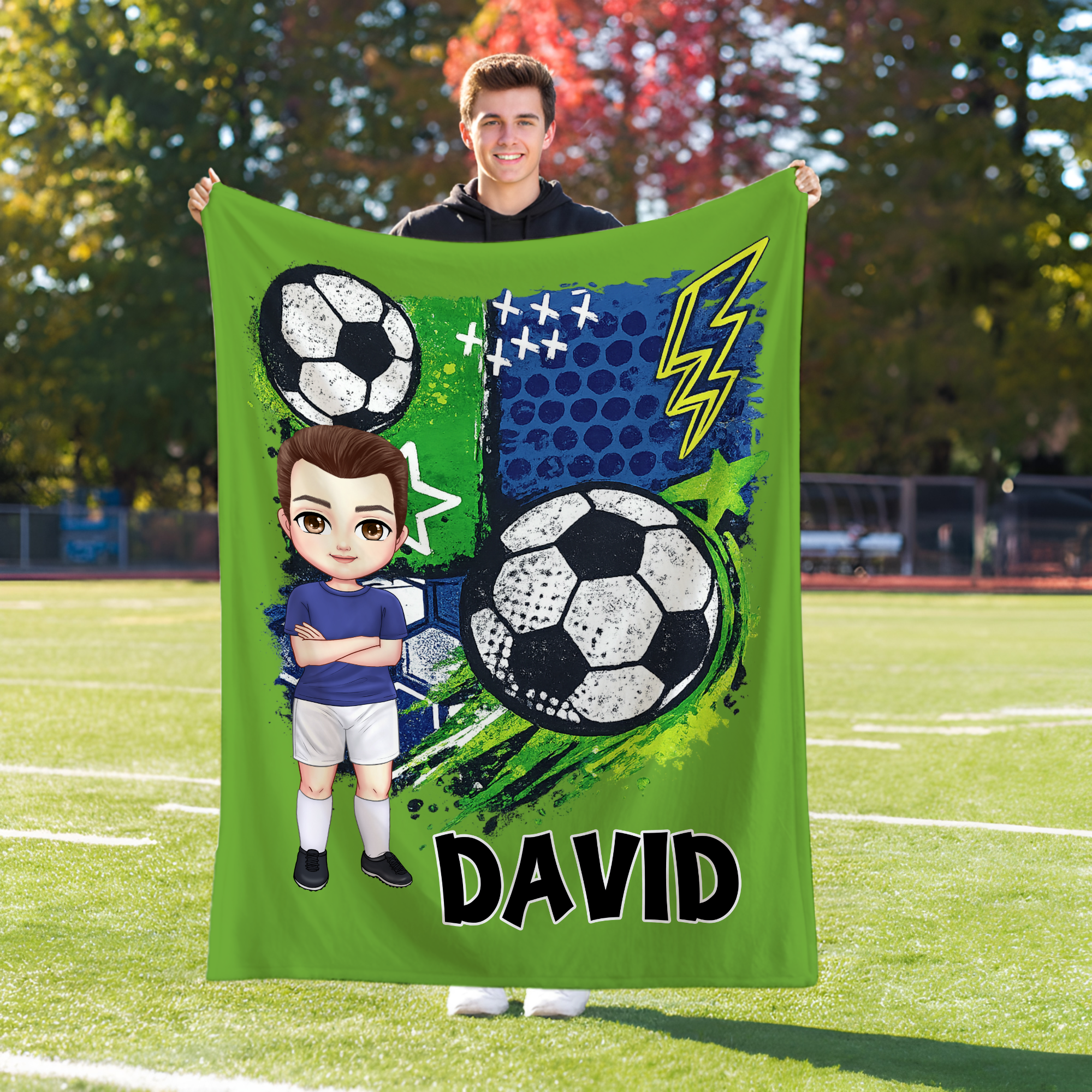 Personalizado Multicolor Cartoon Character Soccer Soft Throw Blanket with Name Home Decor Team Birthday Gift for Soccer Lovers