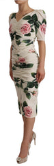 Women's White Roses Print Stretch Silk Pleated Dress