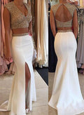 Trumpet/Mermaid V-Neck Sweep Train Satin Prom Dresses With Beading